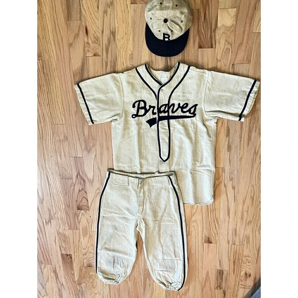 Vintage Braves Youth Baseball Uniform Elano NY #33 3-Piece Jersey Pants Cap